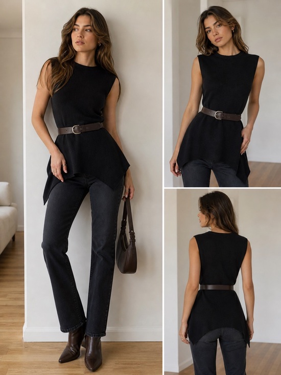 Sweaters - Slate & Willow Black Belted Knit Tunic Top Asymmetrical Hem Sleeveless Size L
